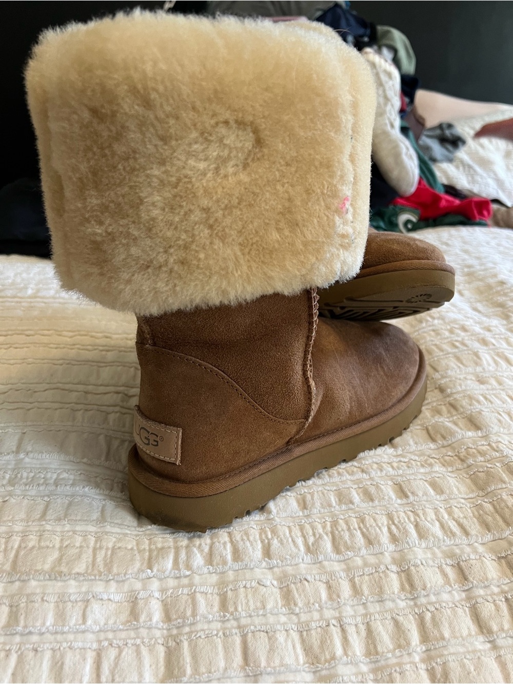 UGG Chestnut Suede Fold-Down Shearling Boot with Cream Cuff